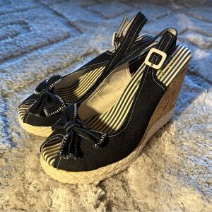 Volatile Navy Espadrille Wedge Slingback Heels with Bow